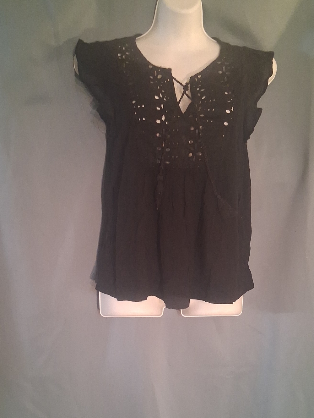 Women’s Black Eyelet Lace-Up Peasant Top